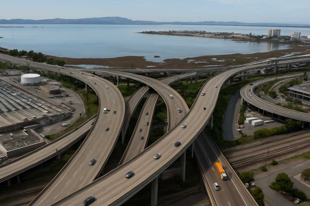 Aerial view of a California freeway interchange with multiple elevated highways, cars, trucks, rail tracks, and a coastal bay in the background.