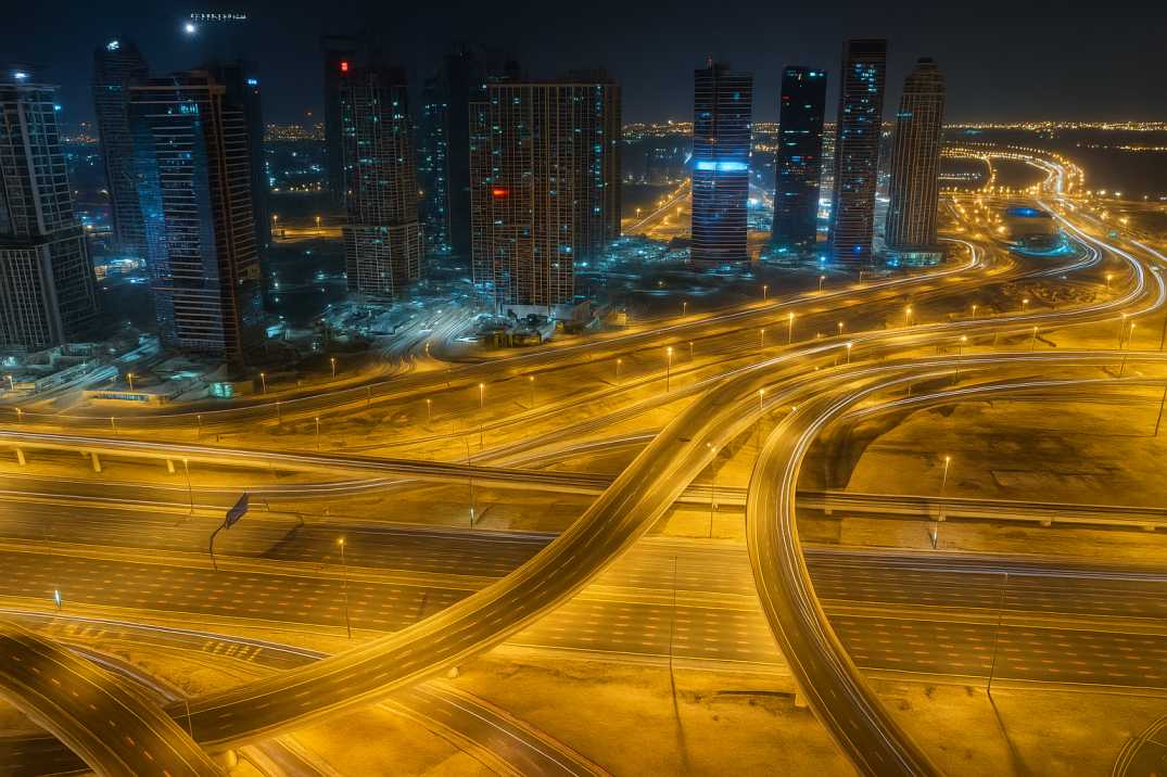 Dubai city skyline with illuminated highways and modern skyscrapers at night.