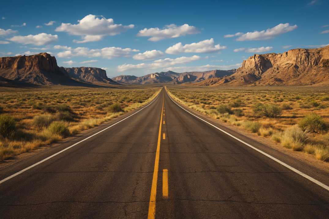 scenic desert highway inspired by Route 66, stretching into the horizon with rocky mountains, desert vegetation, and wide open skies.