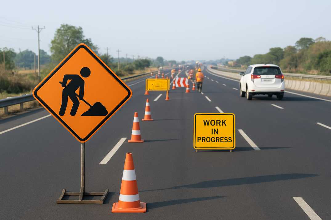 Highway construction work zone in India with traffic cones, warning signs, and vehicles passing safely.