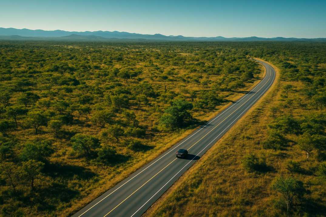 Aerial view of the Flinders Highway winding through green savanna and distant mountains under a clear sky.