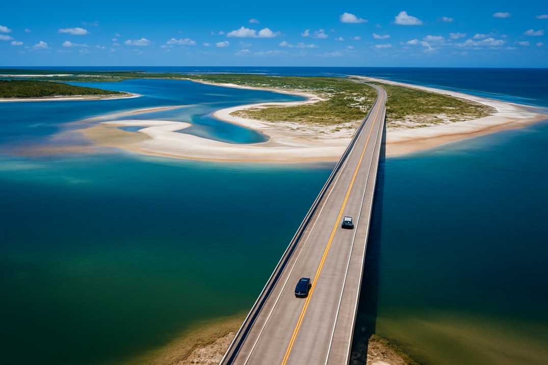 Aerial view of a bridge over clear blue waters with sandy shores and greenery in Florida under a bright sky.