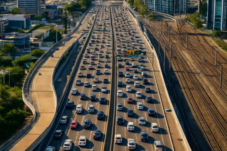 Aerial view of a congested multi-lane highway in an urban area with traffic, adjacent railway tracks, and modern buildings in the background.