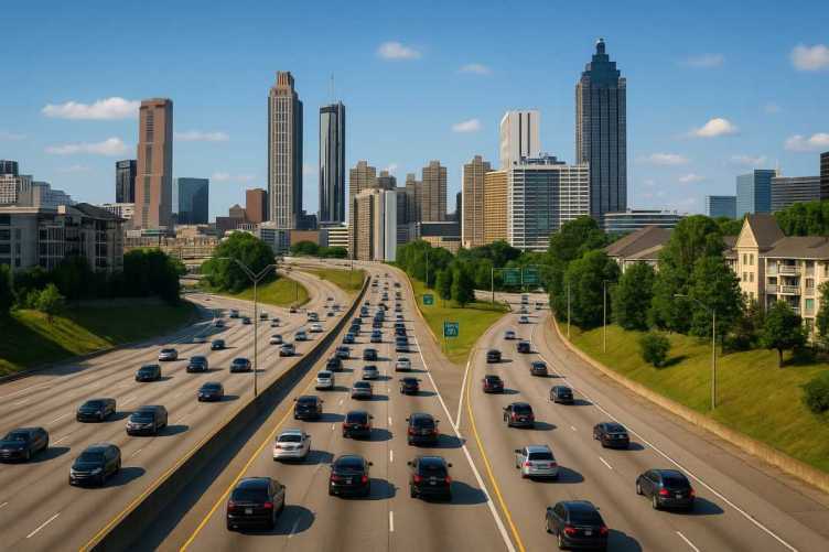 Aerial view of a busy multi-lane highway approaching downtown Atlanta, Georgia, with clear skies, modern skyscrapers, and lush greenery along the roadside.