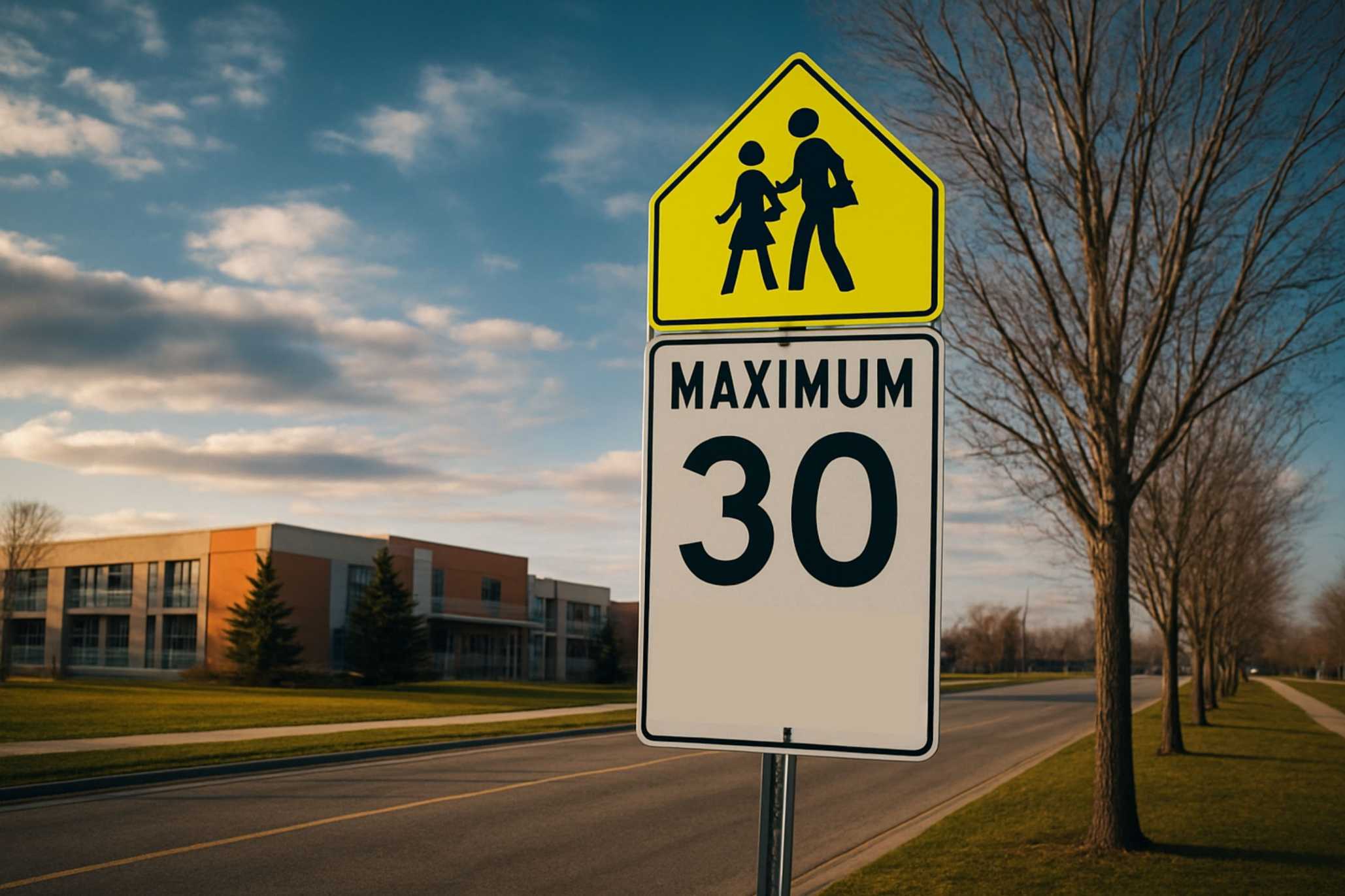 School zone speed limit and pedestrian crossing signs along a tree-lined suburban street at dusk.