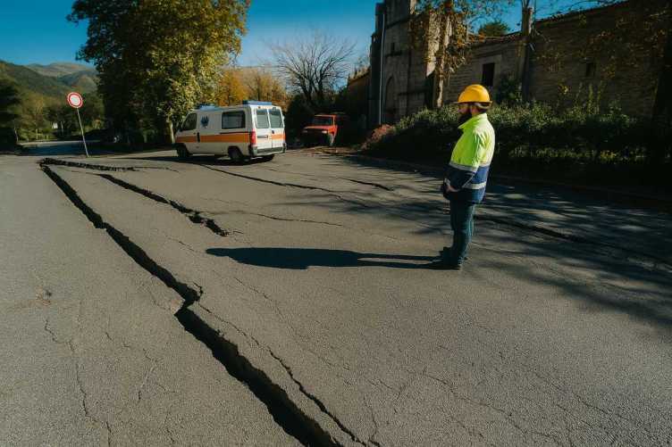 A cracked asphalt road with a worker in safety gear observing the damage, and vehicles parked in the background.