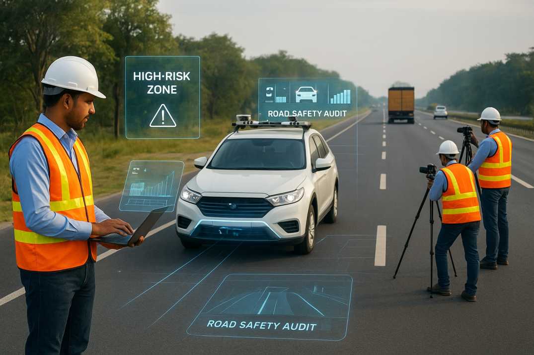 Indian highway scene showing engineers conducting an AI-based road inspection after identifying accident-prone areas