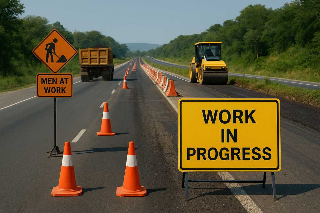 Realistic stock-style image of an Indian highway under maintenance with traffic cones, barriers, and IRC SP 55-compliant safety signage.