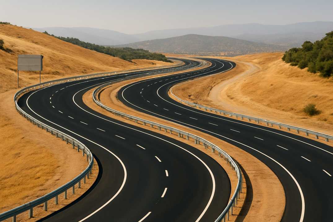Curved multi-lane highway through dry hills with guardrails and clear lane markings