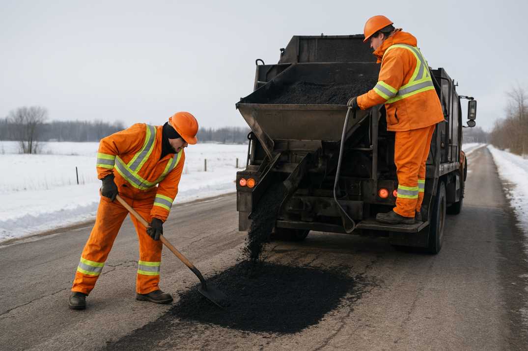 Workers repairing a rural Canadian road with cold mix asphalt in winter conditions.