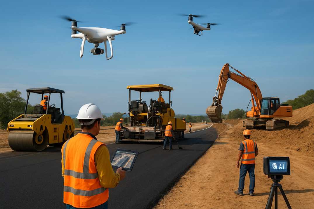 Road construction site with drones and AI monitoring tools capturing progress.