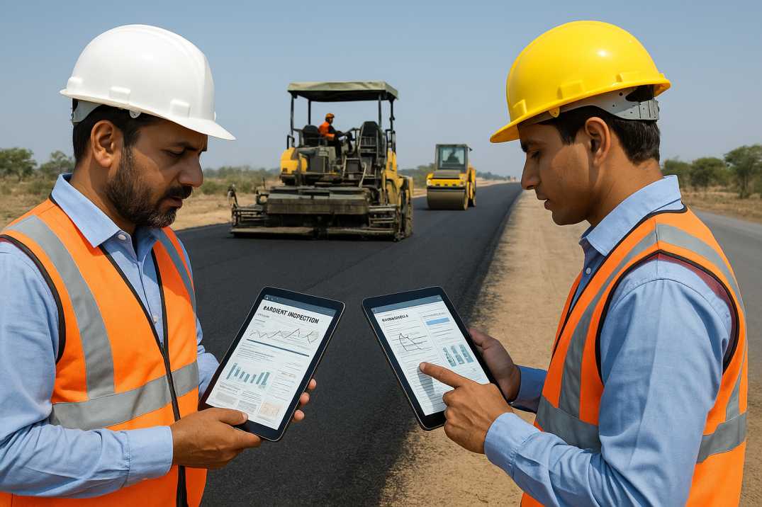 Engineers reviewing digital pavement reports on tablets at a highway construction site with machinery in the background.