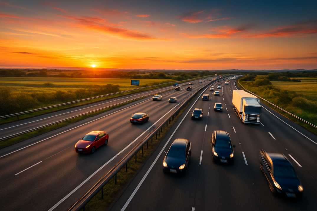 A high-resolution photo of a busy UK motorway at sunset with cars and trucks in motion under a vibrant sky.