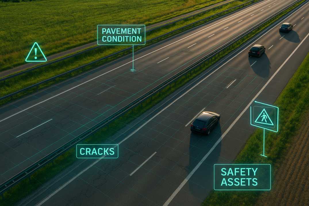 Aerial view of an Indian highway with AI digital overlays showing pavement condition, cracks, and safety assets for road inventory compliance.