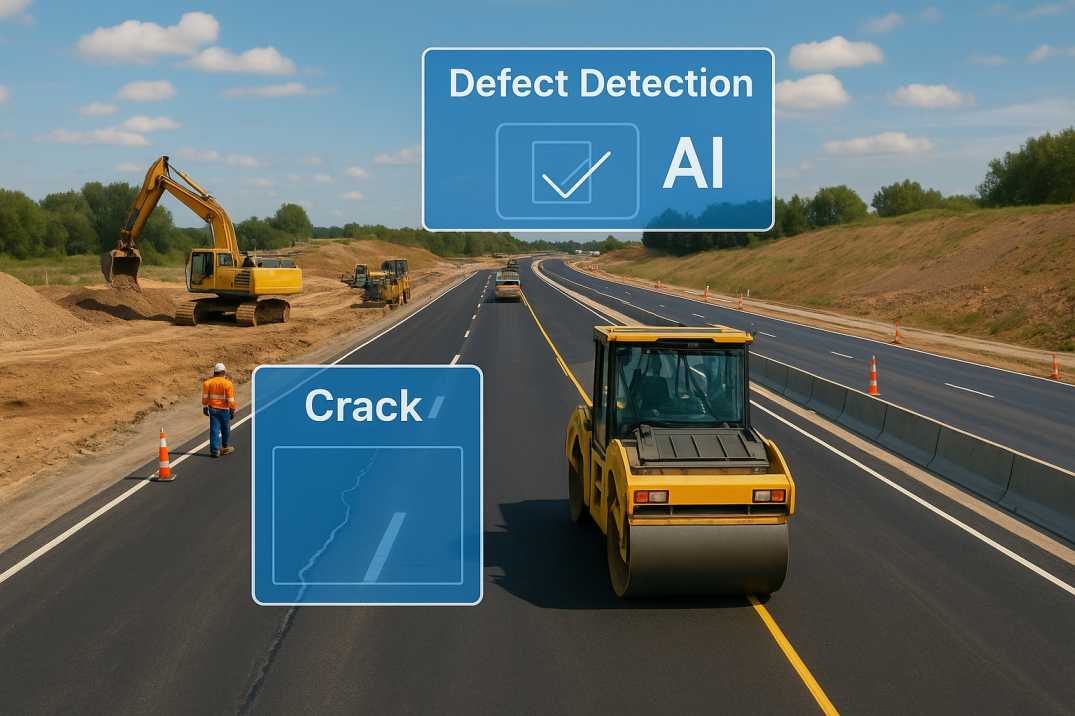 High-resolution photo of a highway construction site with AI defect detection overlays showing cracks on the road.