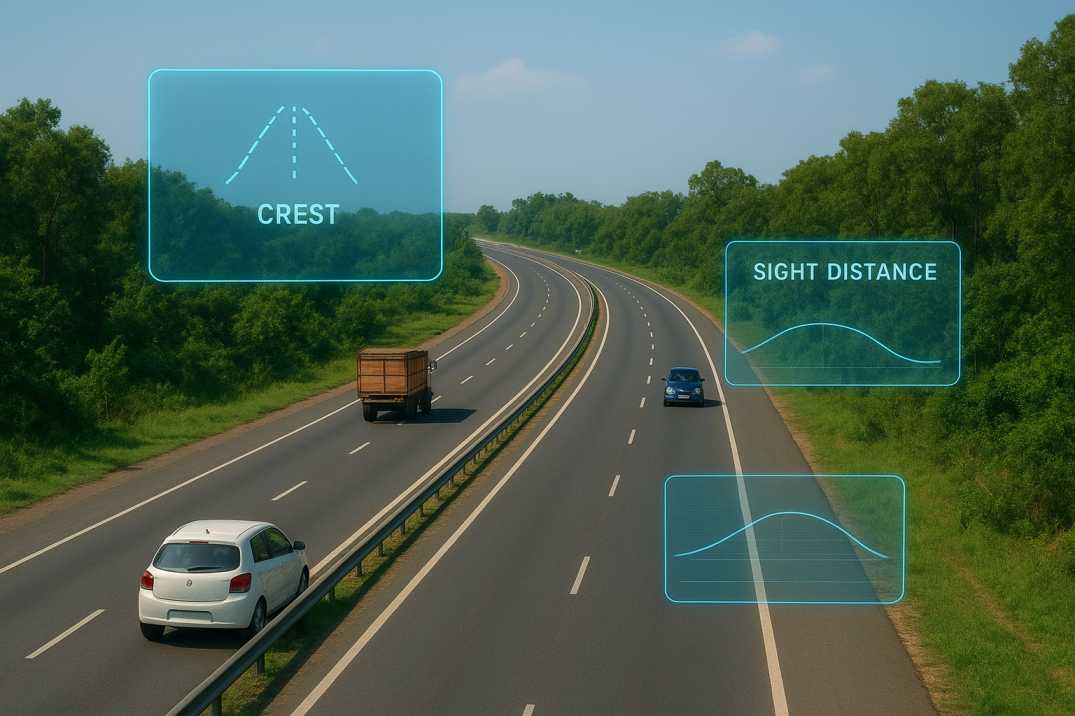 "Indian highway with crest curve and AI sight distance overlays.