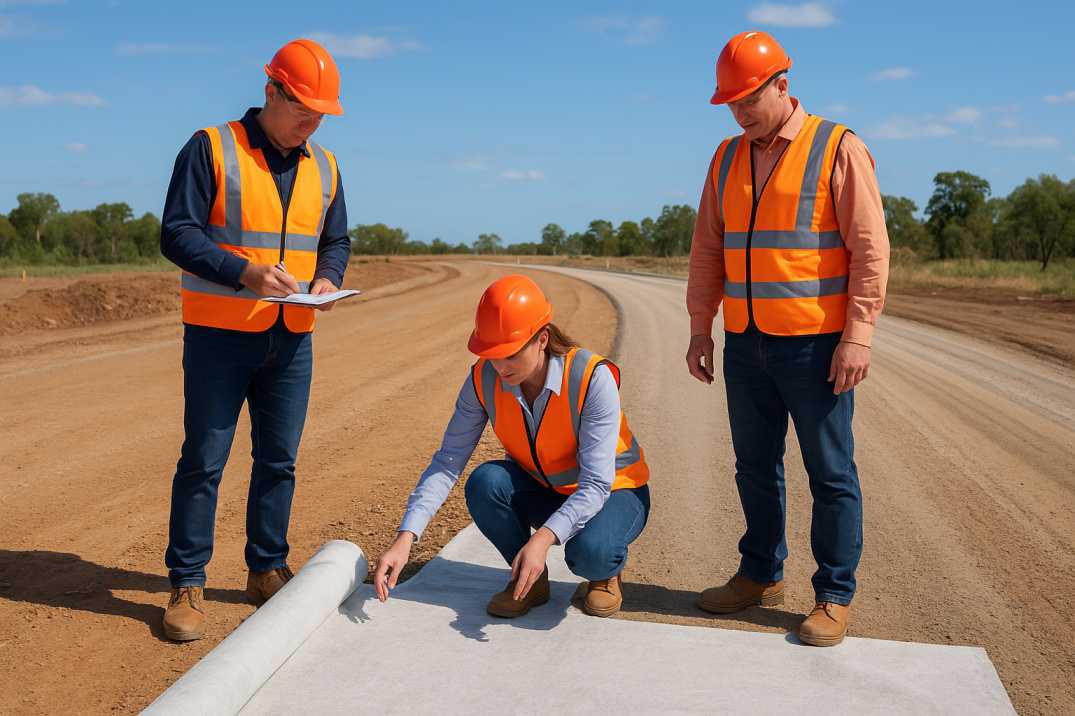 Australian engineers inspecting a road construction site with geotextile layers being installed for drainage and filtration