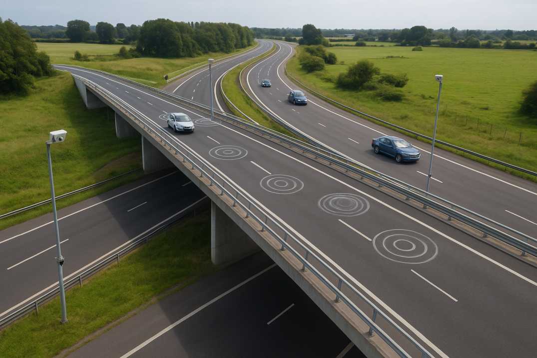 Aerial view of a modern UK motorway bridge with cars and visible AI monitoring sensors.