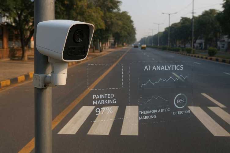 AI-powered road monitoring camera analyzing painted and thermoplastic markings on an Indian urban road with digital analytics overlays.