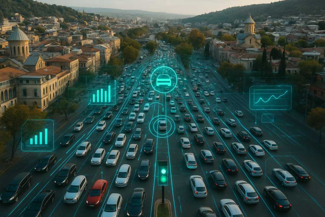Aerial image of Tbilisi city center roads with heavy traffic, overlaid with digital AI traffic monitoring