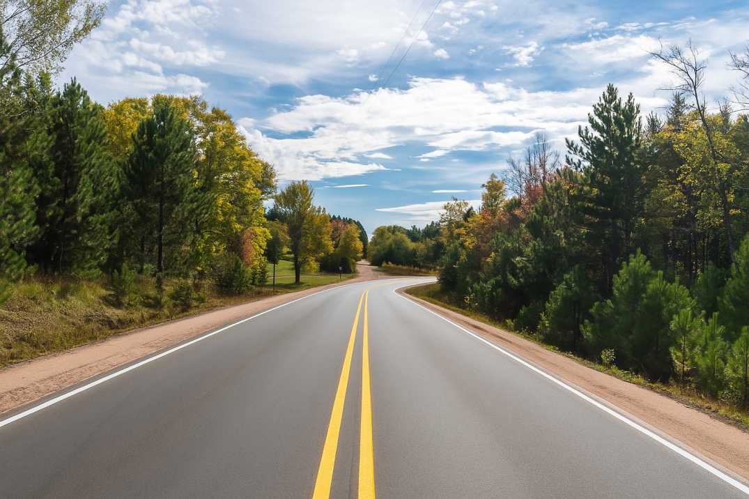 Curved asphalt road through a forest under a bright blue sky.