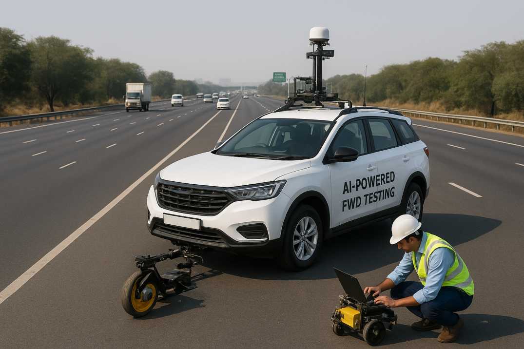 AI-powered FWD testing vehicle on an Indian highway, capturing pavement deflection and surface data.