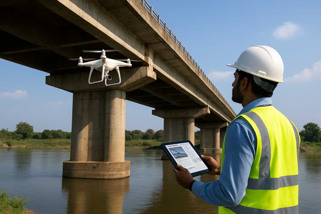 An engineer inspecting a concrete bridge in India using a tablet for AI-based digital monitoring under bright daylight.