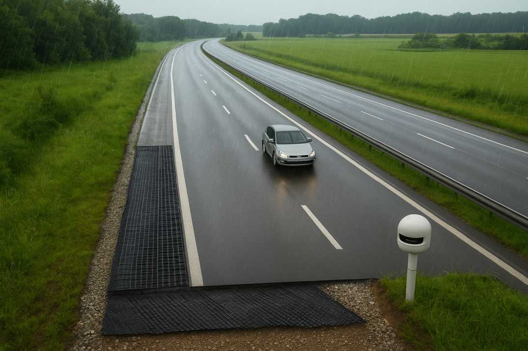 Aerial view of a modern highway with geosynthetic drainage layers and AI monitoring sensors.