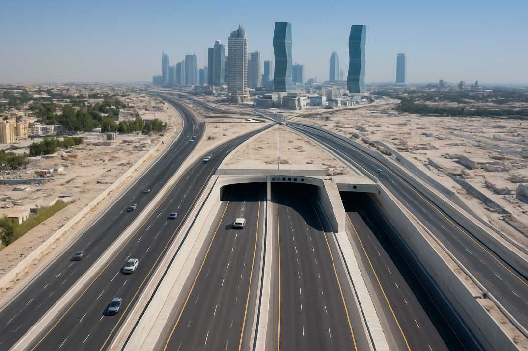 A realistic aerial view of a modern highway interchange in Qatar with multiple tunnels and skyscrapers in the background.