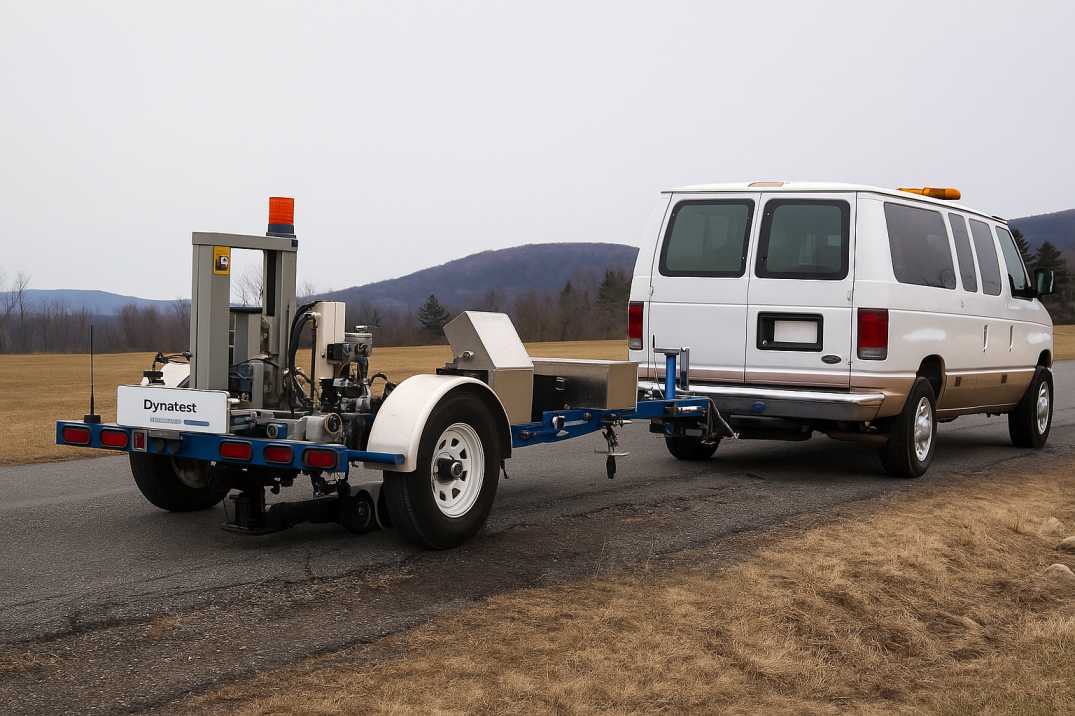 White van towing a Dynatest road testing trailer on a rural road.