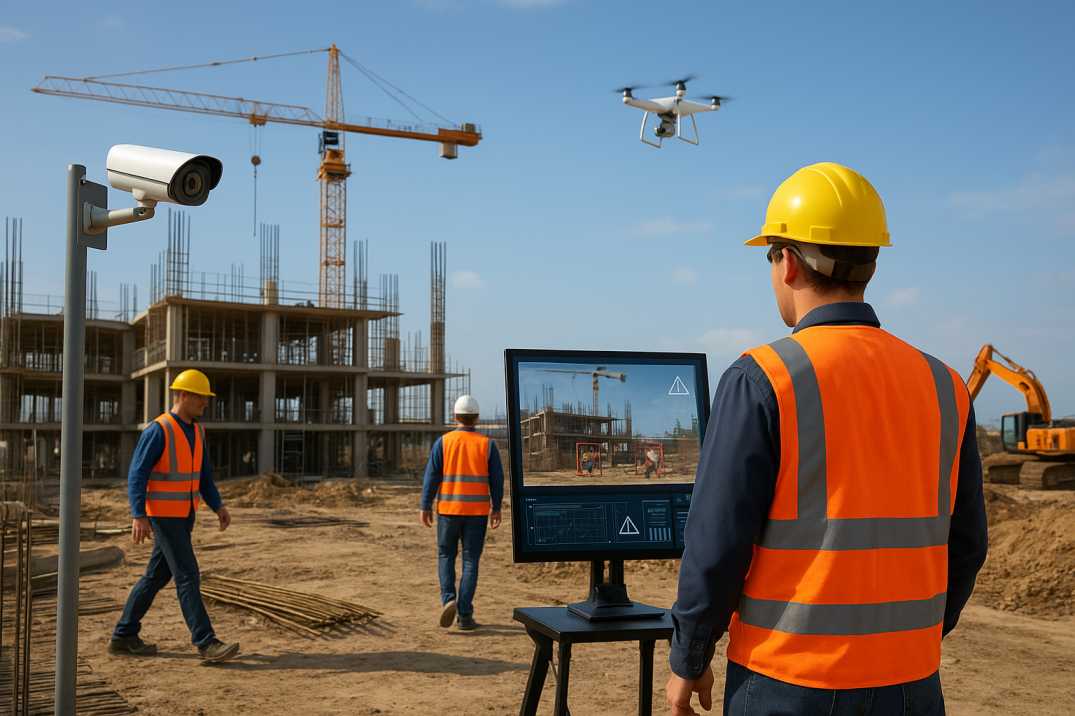 Construction workers using AI-based monitoring system with drones and safety cameras on an active job site.