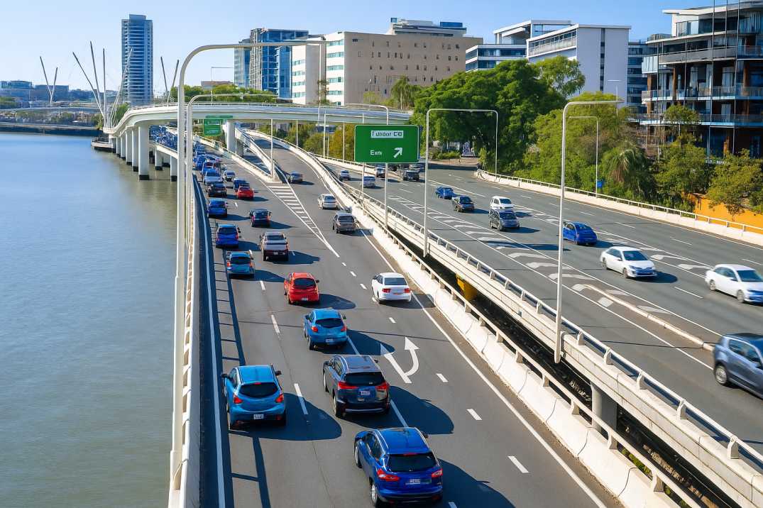 Aerial view of cars driving on an elevated highway beside a river in a modern city.