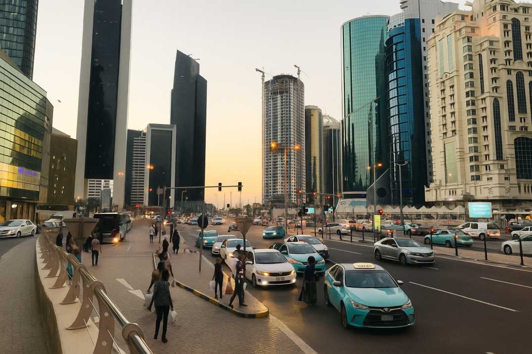 Busy city street with cars, pedestrians, and tall modern skyscrapers at sunset.