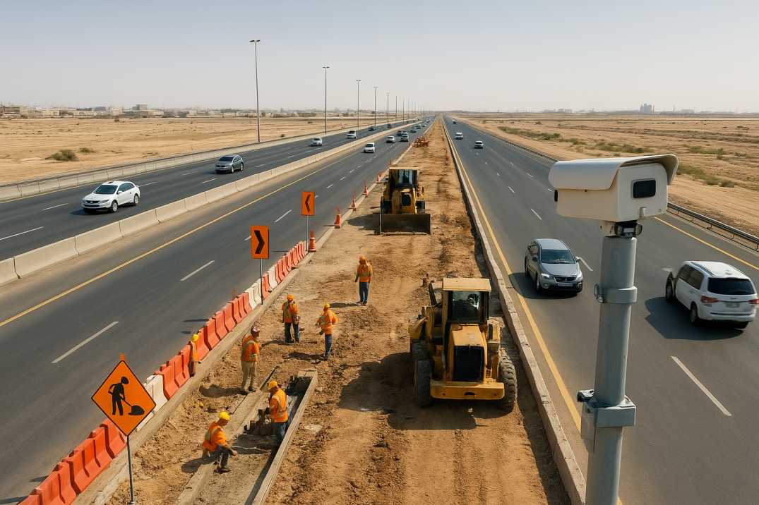 Aerial view of a Saudi Arabian highway work zone with workers, machinery, barriers and an AI monitoring camera.
