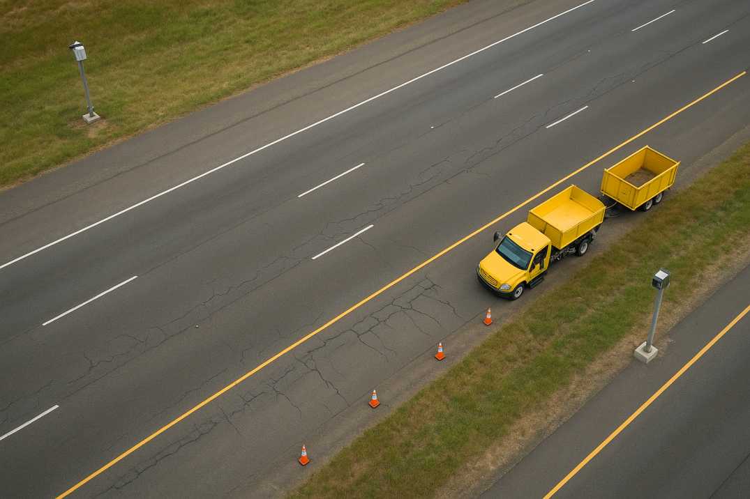 Aerial view of a U.S. multilane highway with visible pavement distress, lane markings, roadside sensors, and maintenance vehicles inspecting the road.
