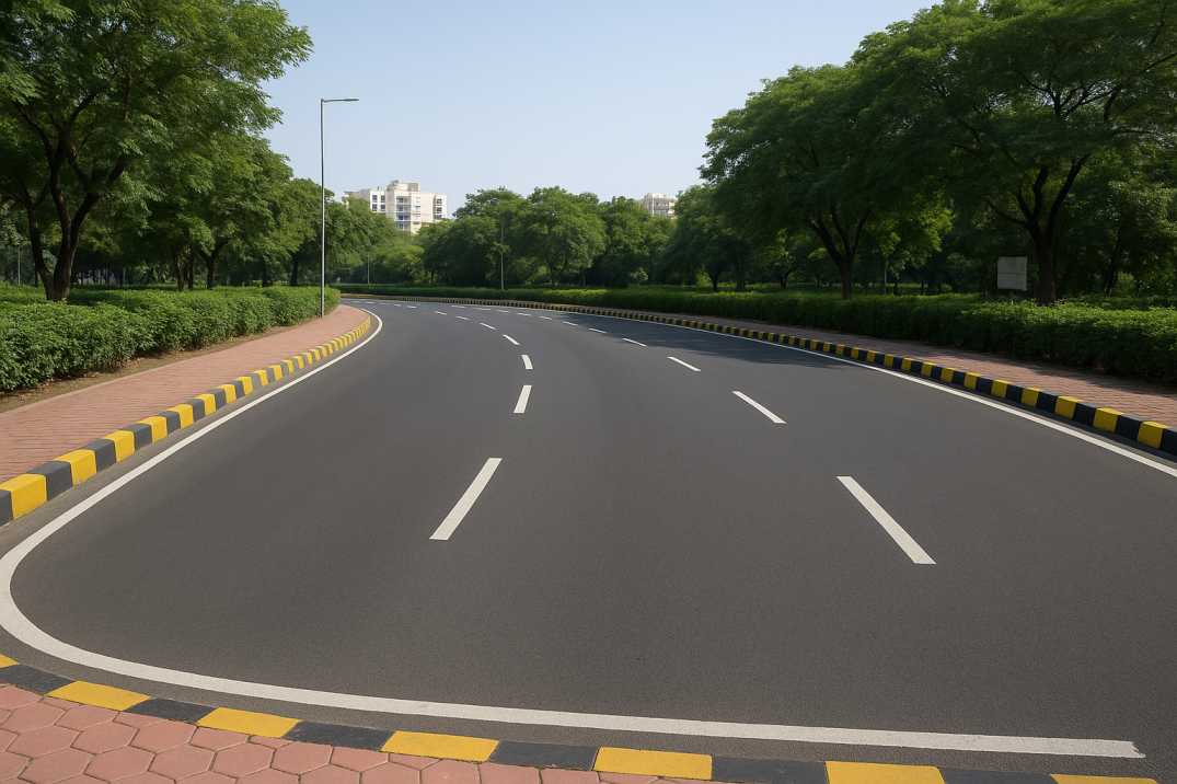 Urban road with a smooth horizontal curve and clear lane markings.