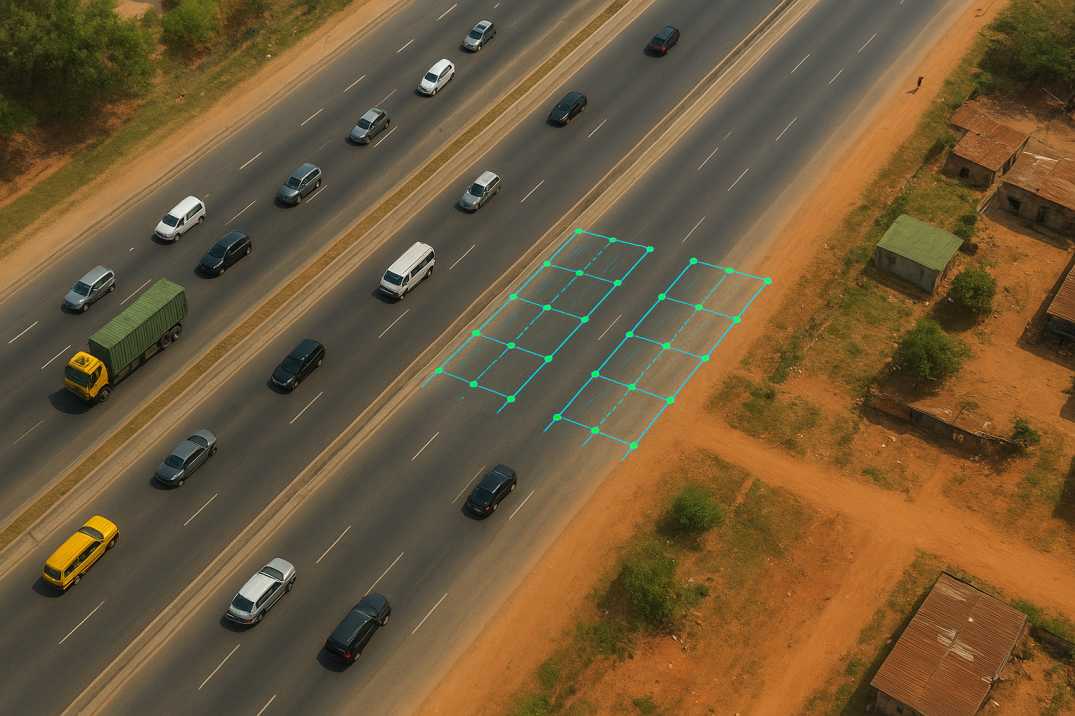Aerial view of an African highway with AI road assessment grids.