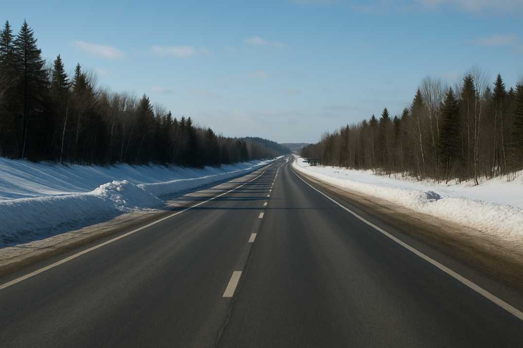 A winter Canadian highway with clear lanes and snowbanks under bright daylight.