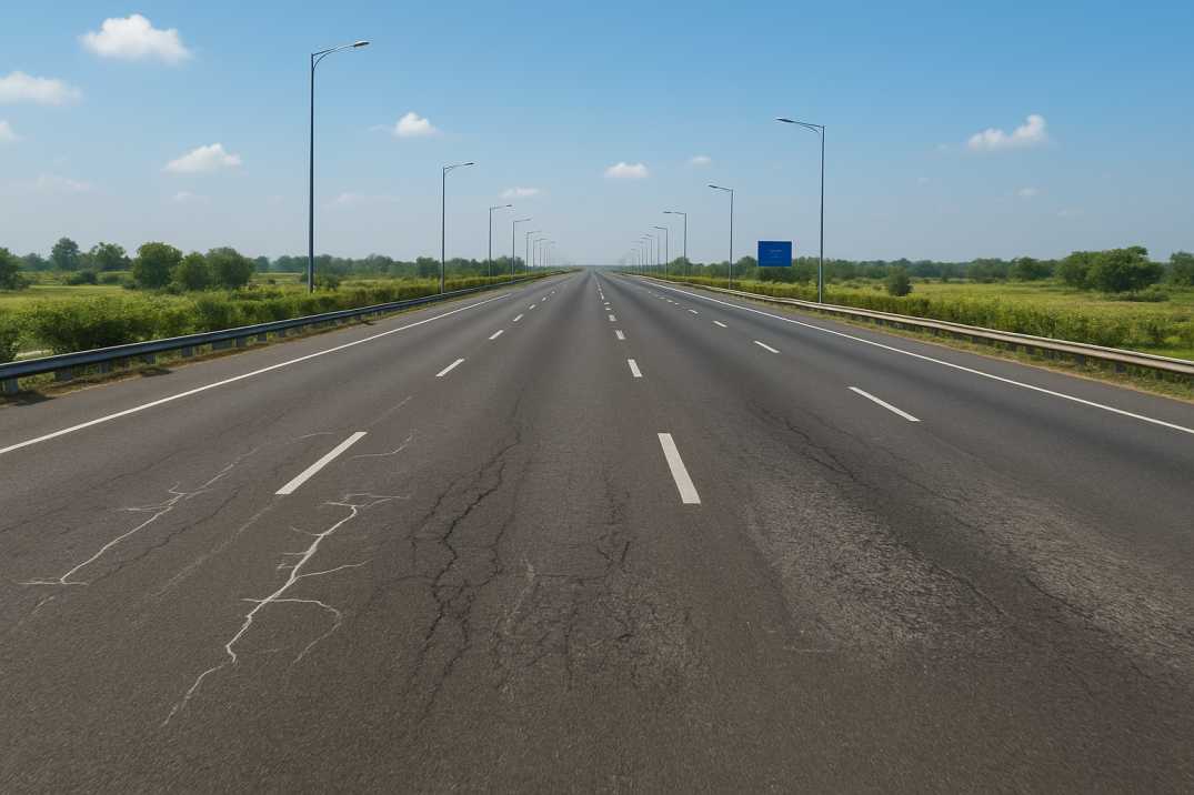 Indian expressway with visible pavement cracks and distress under bright daylight.”