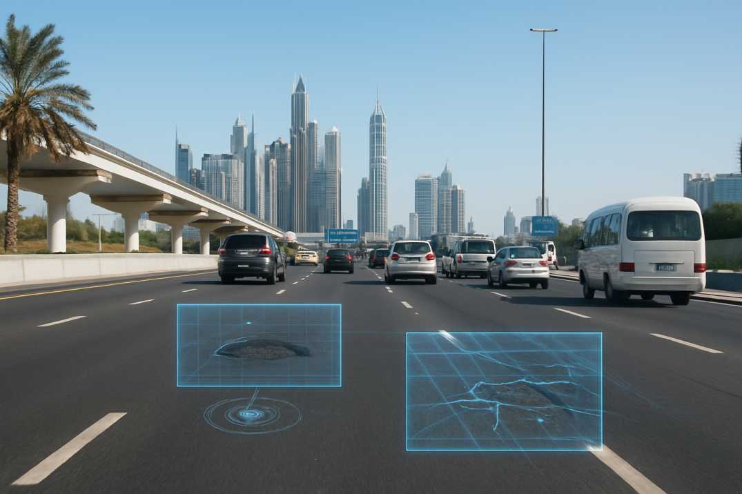 Dubai highway with AI overlays detecting potholes