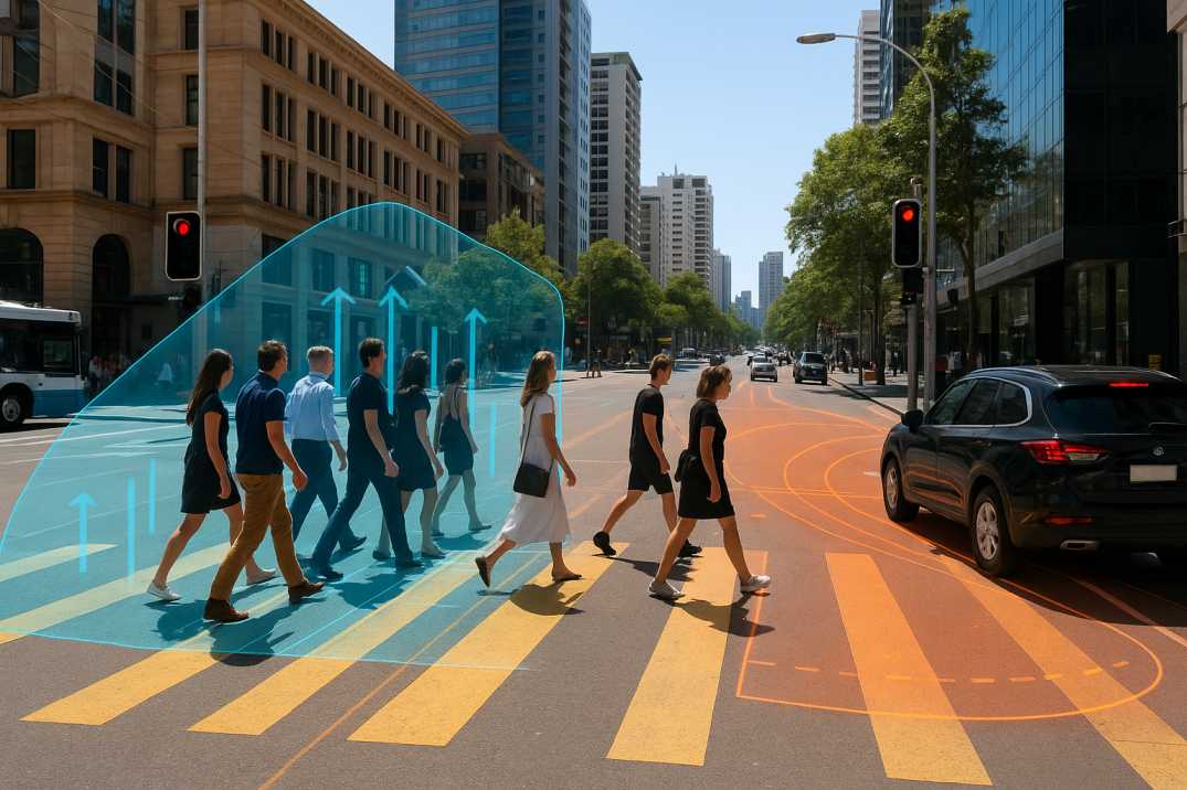 Busy Australian pedestrian crossing with AI overlays showing pedestrian flow and vehicle risk zones in bright daylight.