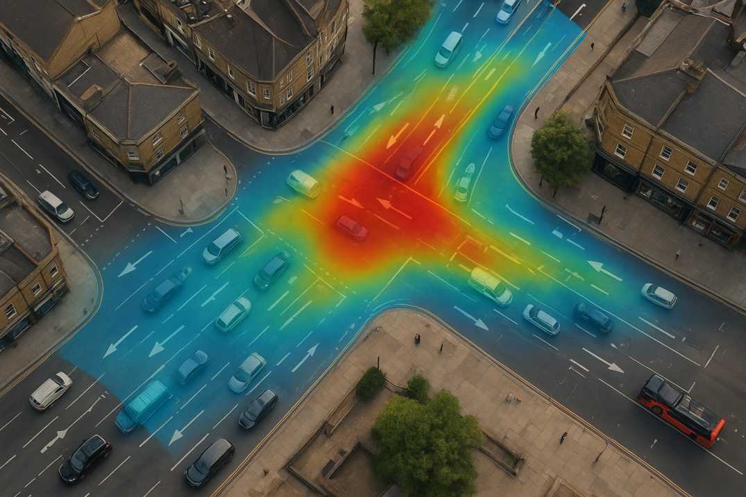 Aerial view of a UK intersection with AI overlays showing traffic flow and congestion heatmaps.