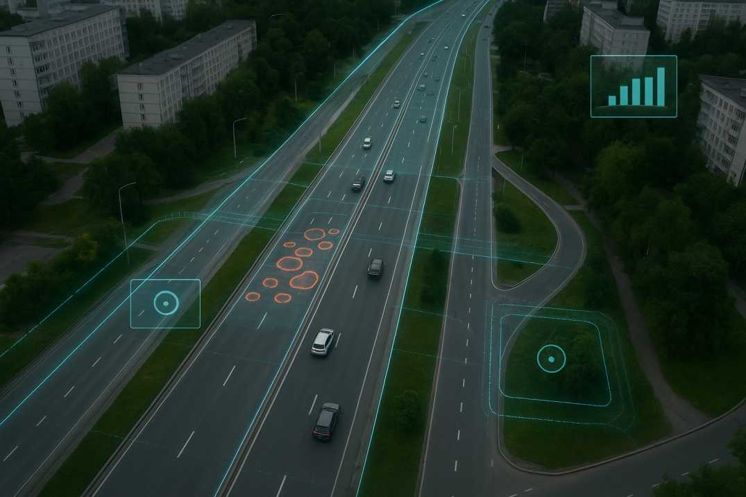 Aerial view of a Russian urban highway with AI overlays highlighting potholes and road assets.