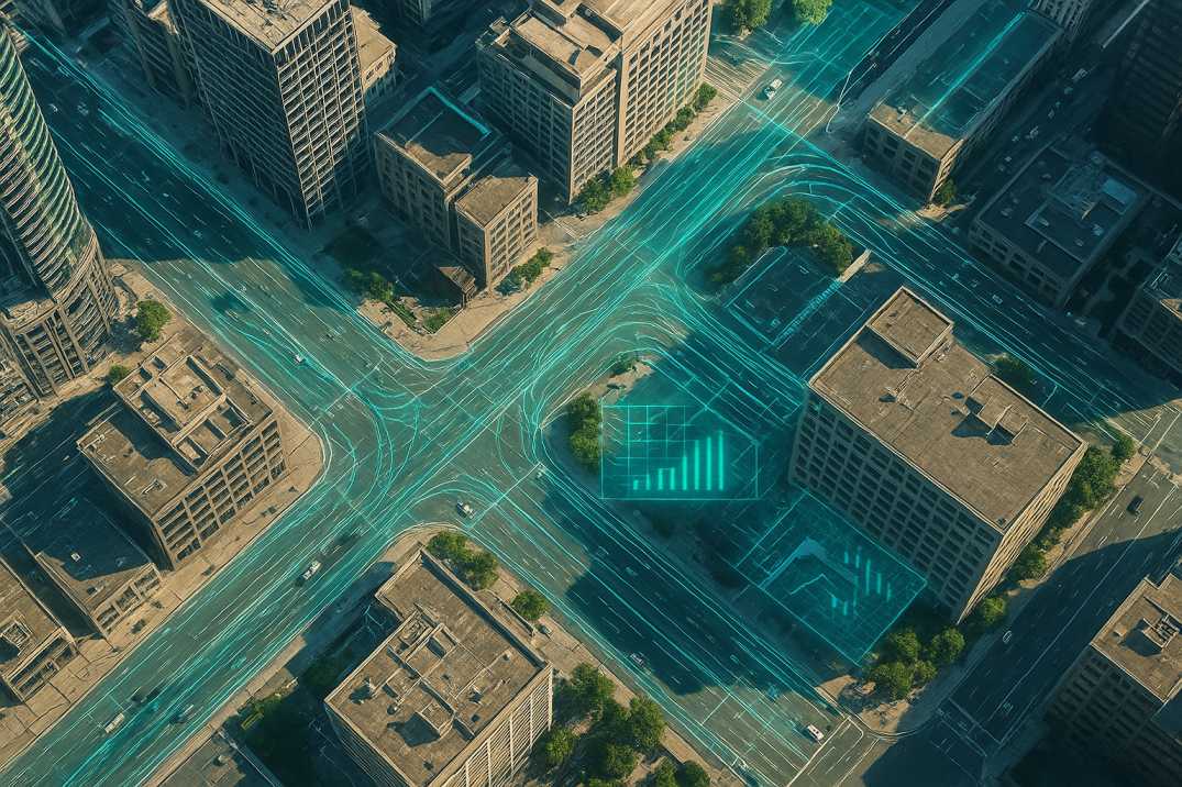 Aerial view of a Canadian city road network with AI analytics showing traffic flow and congestion zones.