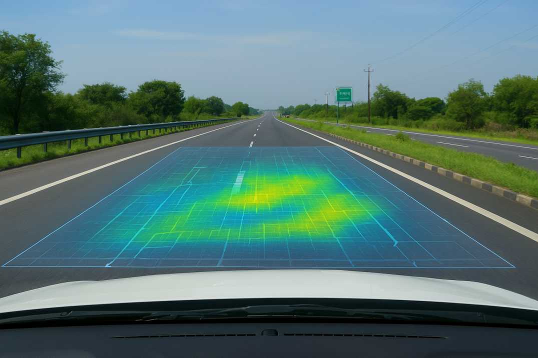 Indian highway view with AI overlay showing pavement roughness variations.