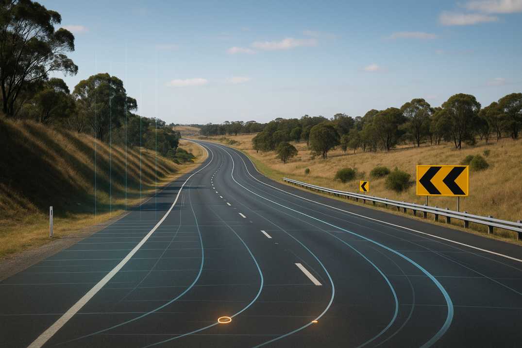 Australian highway curving through open grassland with subtle AI overlay lines showing gradient and safety indicators.