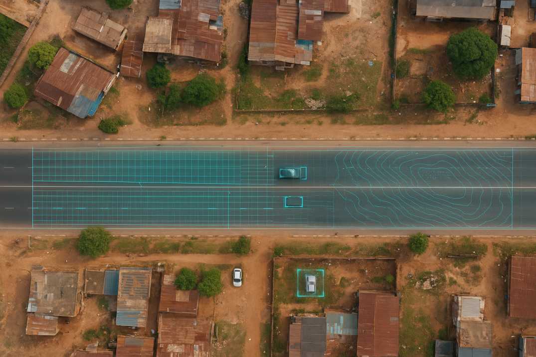 “Aerial view of an African urban road with AI overlays showing road inventory mapping and asset detection