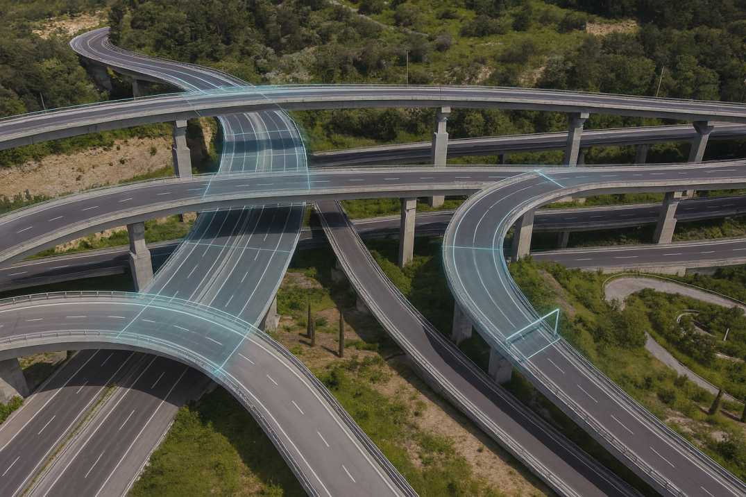 Aerial view of a multi-level highway interchange with subtle AI roadway overlays