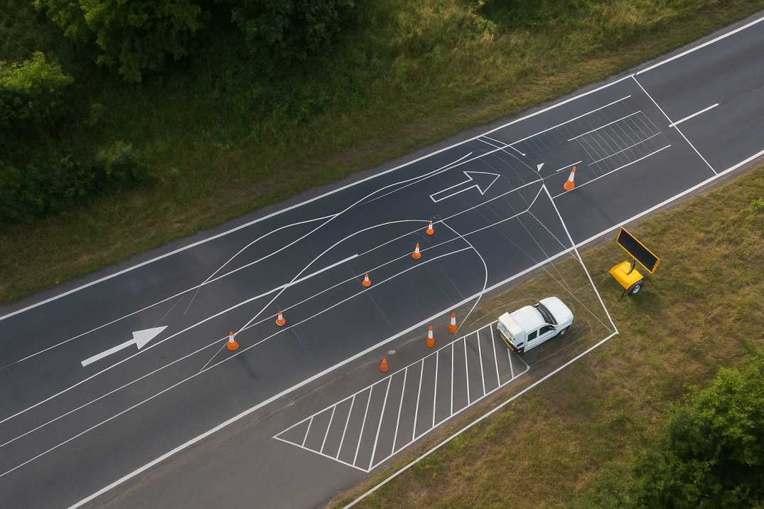 Aerial view of a UK roadwork lane closure with AI-generated diversion overlays.