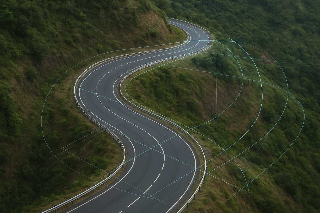 Aerial view of an Indian hill road with AI overlays showing sight-distance and curve geometry